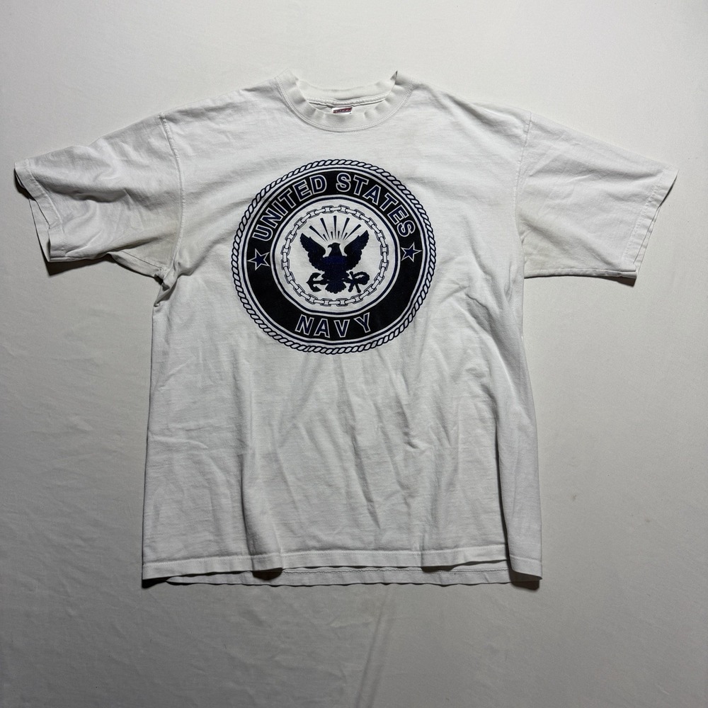 Soffe US Navy Vintage T-Shirt Mens XL White Eagle Seal Graphic USA Made 90s